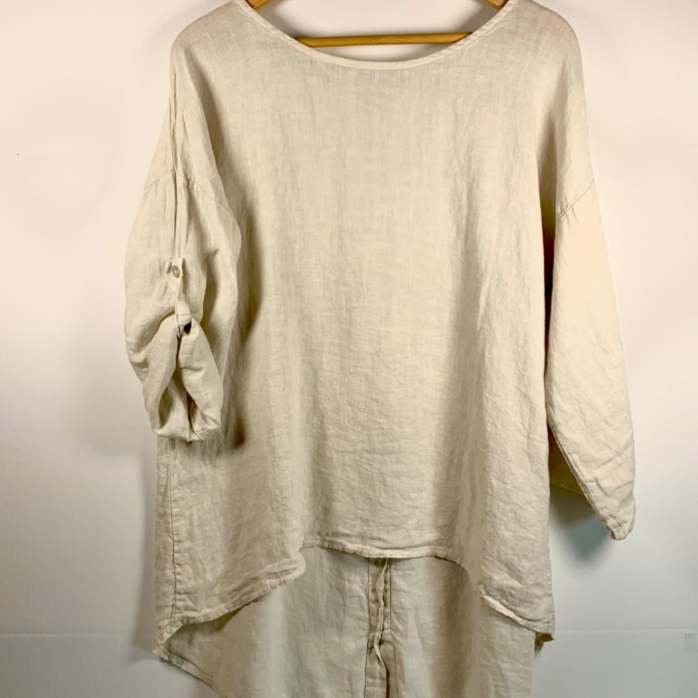 Boho chic 100% Linen Made in Italy tan/beige high low top buttons spring/beach - Picture 3 of 16